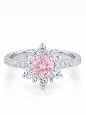 Pink Flower / Snowflake Gemstone Ring, 925 Sterling Silver